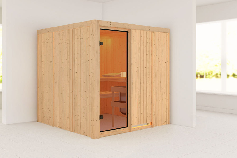 Sauna Oulu Systemsauna, Fronteinstieg, ohne Kranz mit bronzierter Tür