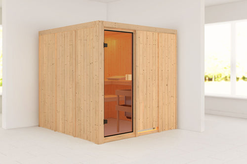 Sauna Oulu Systemsauna, Fronteinstieg, ohne Kranz mit bronzierter Tür und