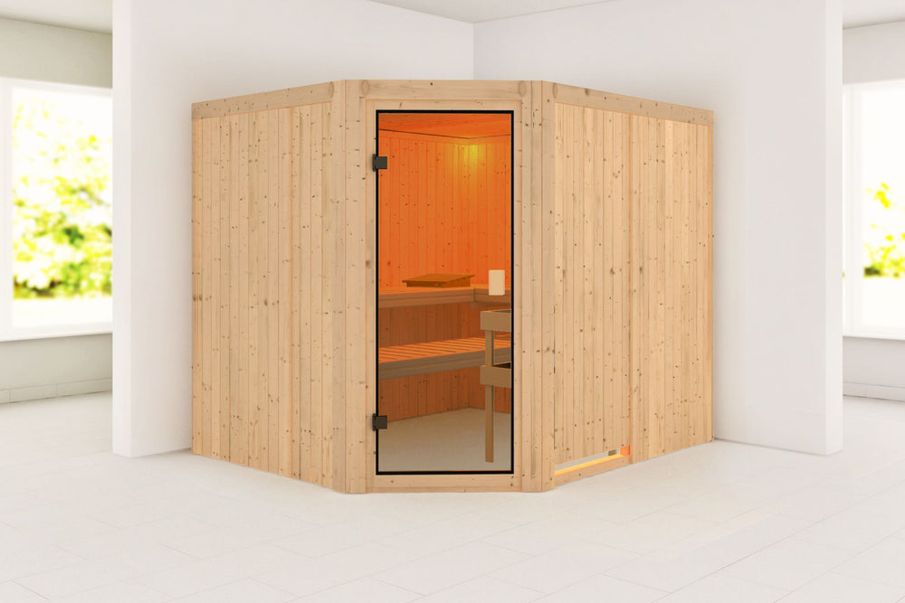 Sauna Horna Systemsauna, Eckeinstieg, ohne Kranz mit bronzierter Tür