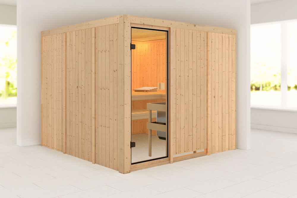 Sauna Arvika Systemsauna, Fronteinstieg, ohne Kranz mit bronzierter Tür