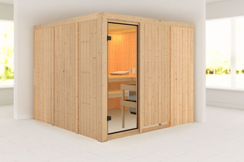 Sauna Arvika Systemsauna, Fronteinstieg, ohne Kranz mit bronzierter Tür und