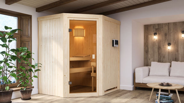 Sauna Faurin Systemsauna, Eckeinstieg, ohne Kranz mit bronzierter Tür und
