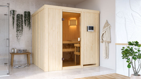 Sauna Tromsö Systemsauna, Fronteinstieg, ohne Kranz mit bronzierter Tür und