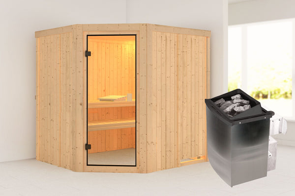 Sauna Bodo Systemsauna, Eckeinstieg, ohne Kranz mit bronzierter Tür und