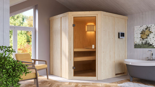 Sauna Bodo Systemsauna, Eckeinstieg, ohne Kranz mit bronzierter Tür und