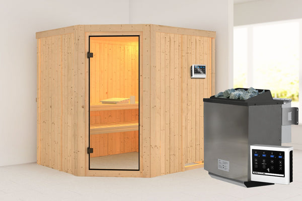 Sauna Bodo Systemsauna, Eckeinstieg, ohne Kranz mit bronzierter Tür und
