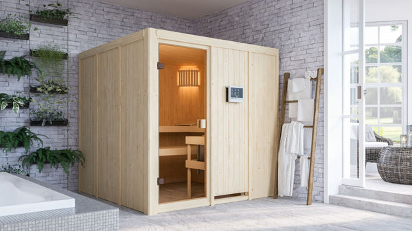 Sauna Oulu Systemsauna, Fronteinstieg, ohne Kranz mit bronzierter Tür und