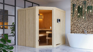 Sauna Kotka Systemsauna, Eckeinstieg, ohne Kranz mit bronzierter Tür und