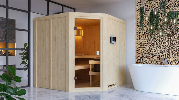 Sauna Kotka Systemsauna, Eckeinstieg, ohne Kranz mit bronzierter Tür und
