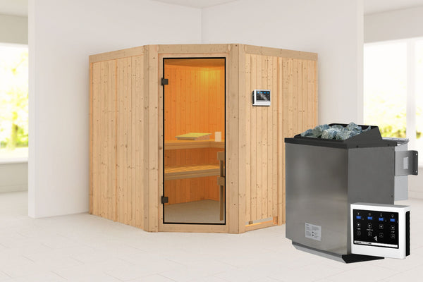 Sauna Kotka Systemsauna, Eckeinstieg, ohne Kranz mit bronzierter Tür und
