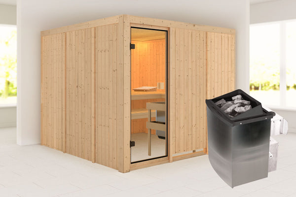 Sauna Arvika Systemsauna, Fronteinstieg, ohne Kranz mit bronzierter Tür und