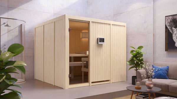 Sauna Arvika Systemsauna, Fronteinstieg, ohne Kranz mit bronzierter Tür und