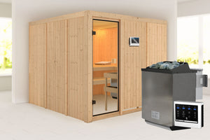 Sauna Arvika Systemsauna, Fronteinstieg, ohne Kranz mit bronzierter Tür und