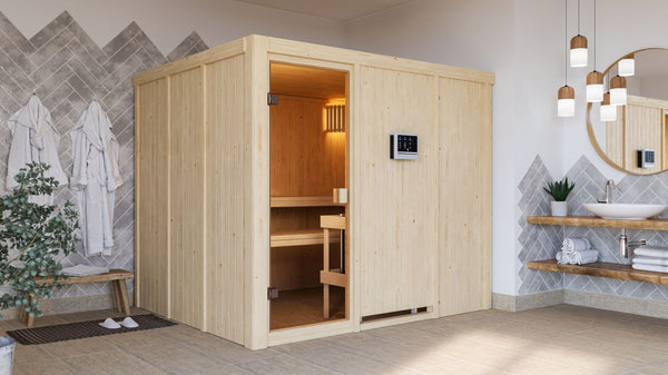 Sauna Nybro Systemsauna, Fronteinstieg, ohne Kranz mit bronzierter Tür und