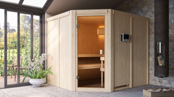 Sauna Horna Systemsauna, Eckeinstieg, ohne Kranz mit bronzierter Tür und