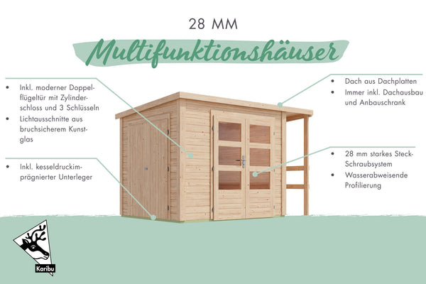 Gartenhaus Multifunktionshaus Gartenhaus, naturbelassen, mit Anbauschrank und Anbaudach