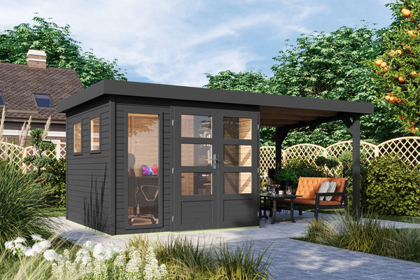 Gartenhaus Lahar 3,5 SET Gartenhaus, terragrau, mit Anbaudach 2,4 m
