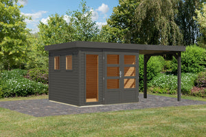 Gartenhaus Lahar 3,5 SET Gartenhaus, terragrau, mit Anbaudach 2,4 m