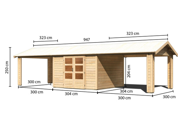 Gartenhaus Theres 7 SET Gartenhaus, naturbelassen, mit 2x Dachausbauelement 3,2m