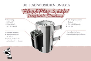 Saunaofen 3,6 kW PnP mit integrierter Steuerung SET mit Steinen