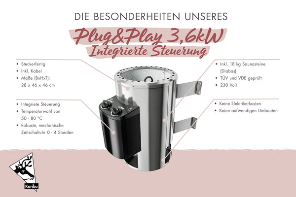 Saunaofen 3,6 kW PnP mit integrierter Steuerung SET mit Steinen