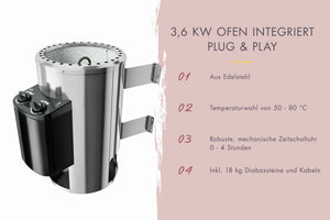 Saunaofen 3,6 kW PnP mit integrierter Steuerung SET mit Steinen