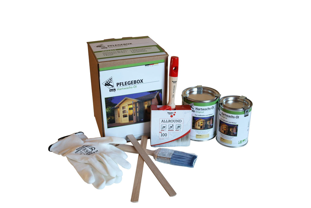 Gartenhauszubehör für Innenbereich (Hartwachsöl (0,75 + 0,5 l), 1x Pinsel, 1x Flächenstreicher, Rührstäben, Handschuhe
