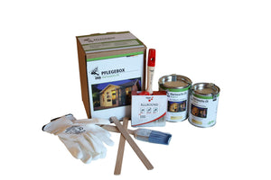 Gartenhauszubehör für Innenbereich (Hartwachsöl (0,75 + 0,5 l), 1x Pinsel, 1x Flächenstreicher, Rührstäben, Handschuhe