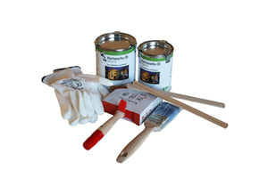 Gartenhauszubehör für Innenbereich (Hartwachsöl (0,75 + 0,5 l), 1x Pinsel, 1x Flächenstreicher, Rührstäben, Handschuhe