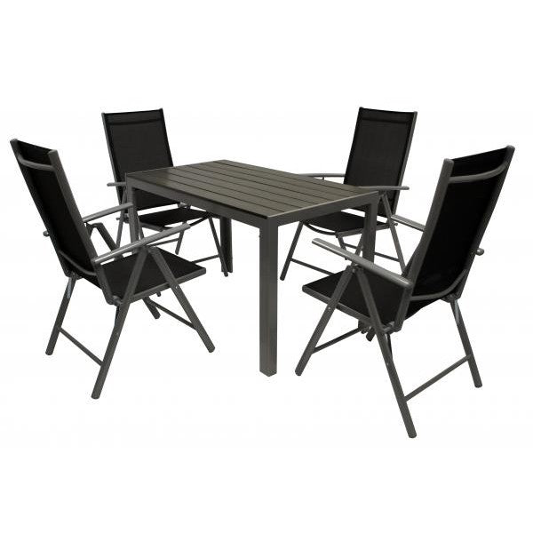 Garnitur Sitzgruppe SORANO 5-teilig mit Tisch 70x125cm, Aluminium + Polywood + Kunstgewebe schwarz