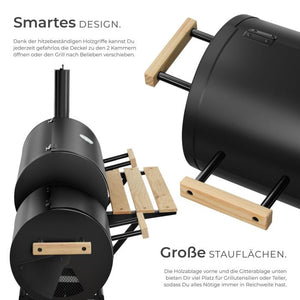 Holzkohlegrill Smoker 2in1 mit Thermometer schwarz