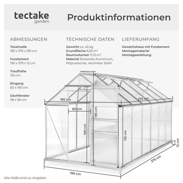 Greenhouse with foundation 375 x 185 x 195 cm
