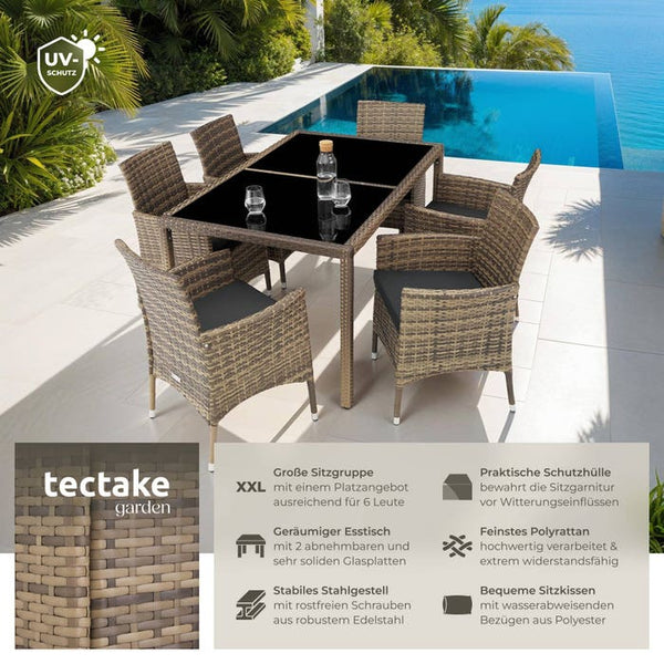Rattan Sitzgruppe 6+1 mit Schutzhülle natur/dunkelgrau