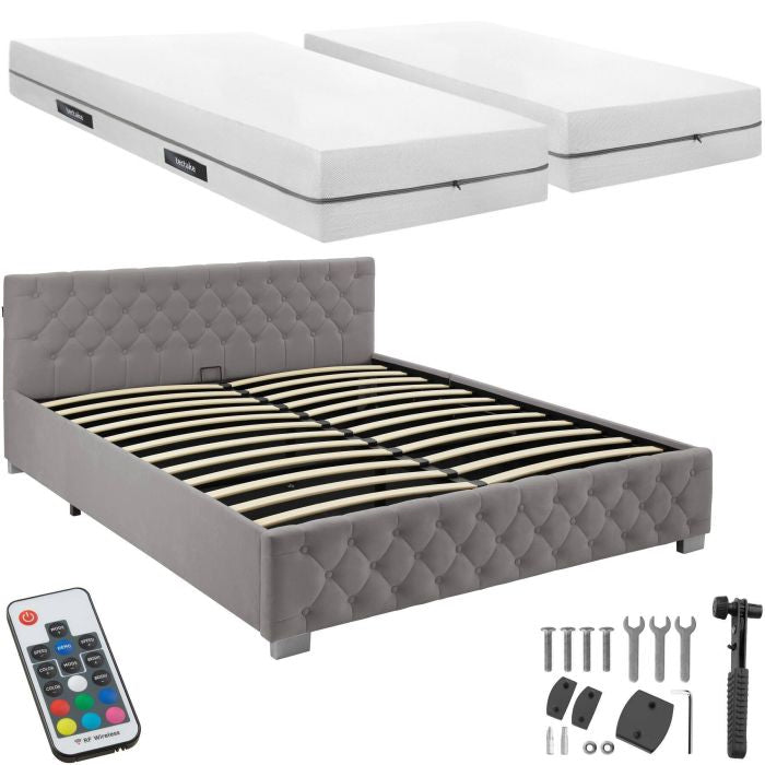 Bettset Polsterbett mit LED und Matratze Samtoptik dunkelgrau 180 x 200 cm