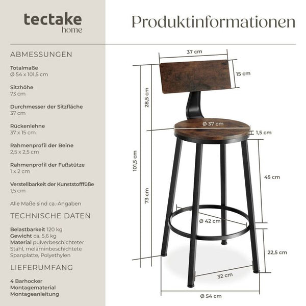 Barhocker Poole 4er Set Industrial Holz dunkel, rustikal