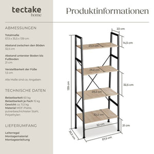 Leiterregal Newcastle 57,5 x 35,5 x 139cm - industrial hellbraun