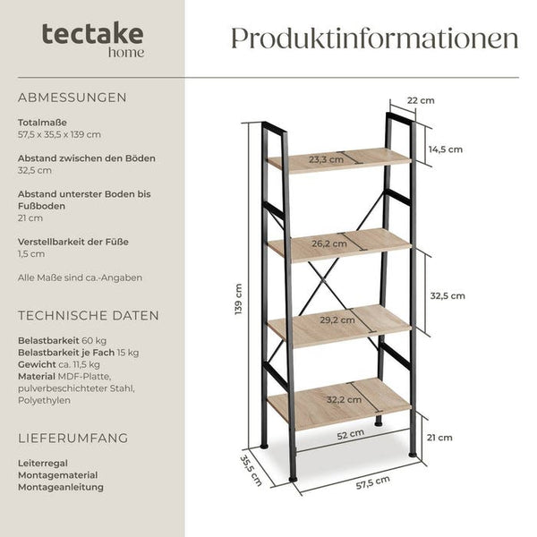 Leiterregal Newcastle 57,5 x 35,5 x 139cm - industrial hellbraun