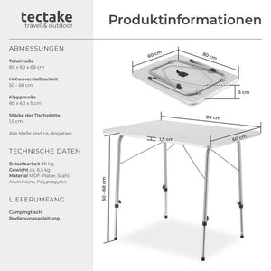 Camping Klapptisch höhenverstellbar 80x60x68cm