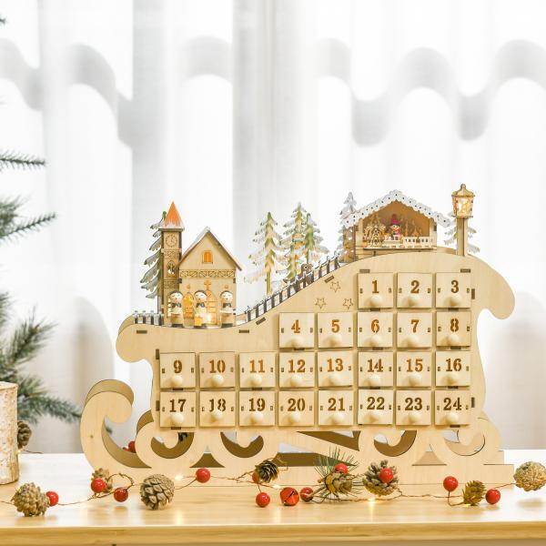 Adventskalender zum Befüllen 24 Schubladen Fächer Weihnachtskalender mit LED-Lichtern Schlitten-Form