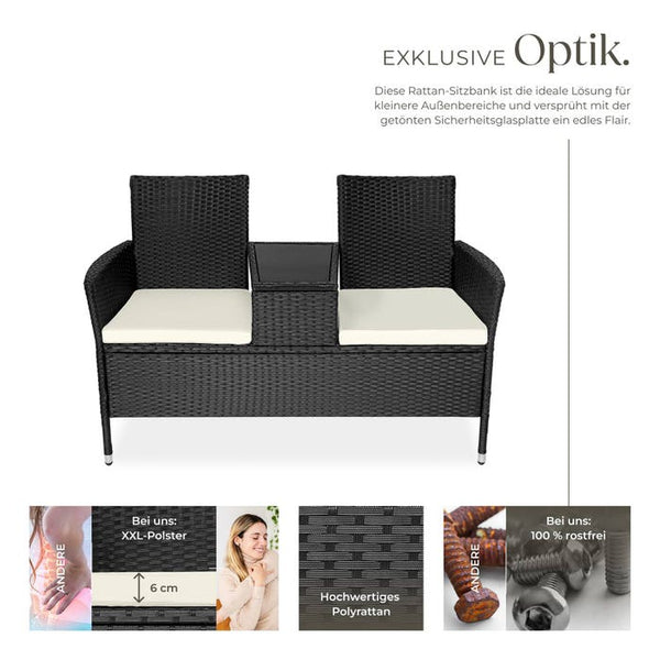 Rattan Gartensitzbank mit Tisch schwarz/beige