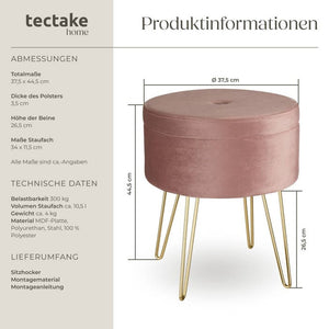 Sitzhocker Ava gepolstert in Samtoptik 300kg mit Stauraum - rosa