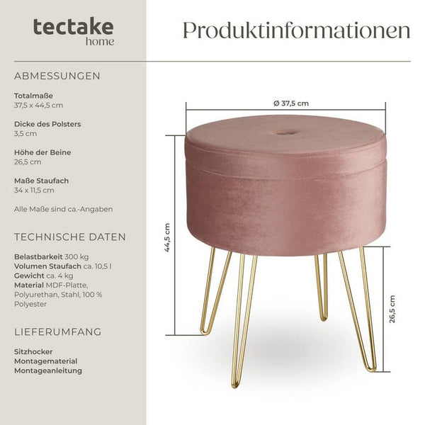 Sitzhocker Ava gepolstert in Samtoptik 300kg mit Stauraum - rosa