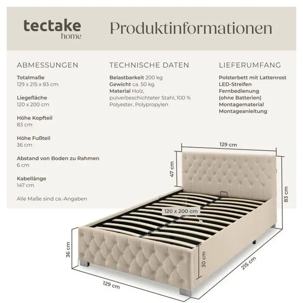 Polsterbett Sedona mit LED und Stauraum Samtoptik sand 120 x 200 cm