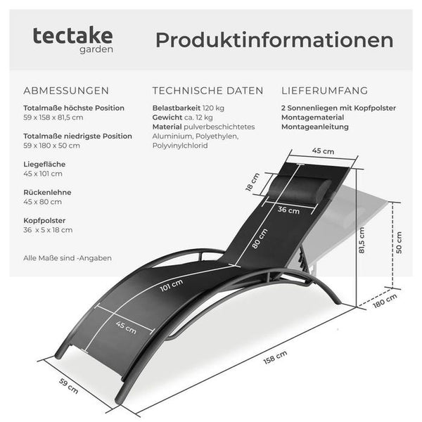 2 Gartenliegen aus Aluminium, schwarz