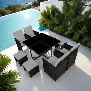 Rattan Sitzgruppe Bilbao 4+4+1 mit Schutzhülle - schwarz/grau