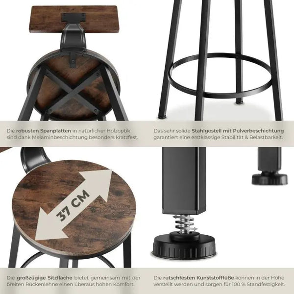 Barhocker Poole 2er Set Industrial Holz dunkel, rustikal