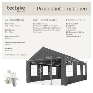 Garten Pavillon 6x4m mit 4 Seitenteilen grau
