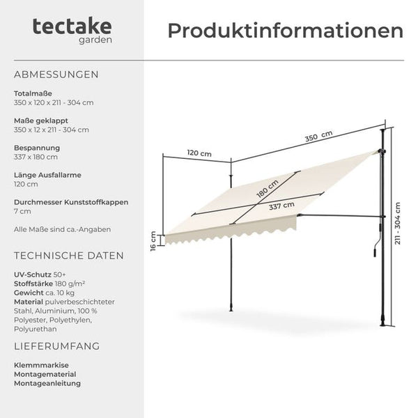 Klemmmarkise beige 350 x 180 cm