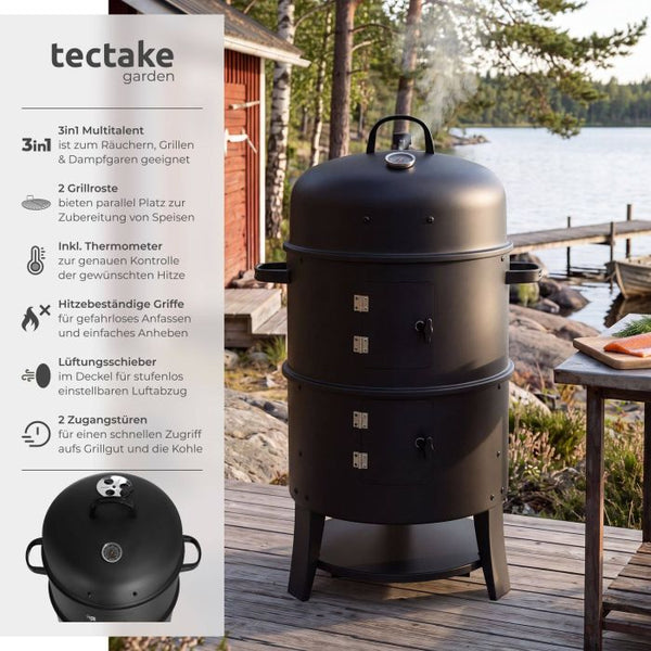 Räuchertonne 3in1 mit 2 Grillrosten und Thermometer schwarz