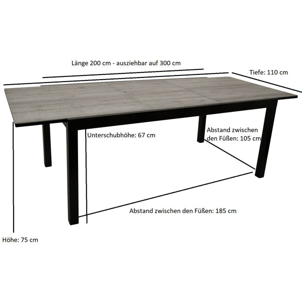 Ausziehtisch FARO 200/300x110cm, Aluminium anthrazit + Glas in Keramikoptik hellgrau